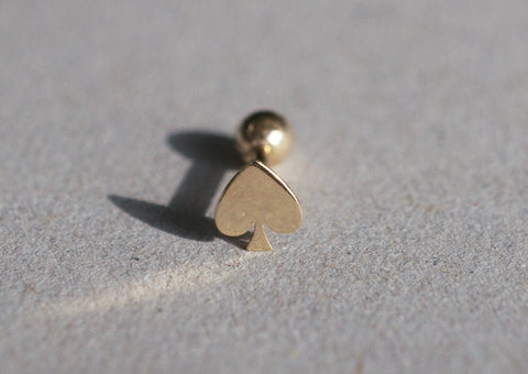 14K Solid Gold Tiny Ace Of Spade End Barbell Piercing 18G, 3/16" 5mm Post Real Gold - TGP4001