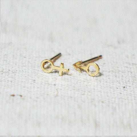 10K Solid Gold Tiny Male Female Symbol Stud Earrings Real Gold - TGE076