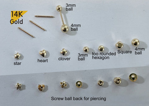 14K Solid Gold Piercing Single item 6 8 10 mm Post, Tiny Barbell ball Star Clover Hexagon Heart Square Screw back