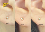 14K Solid Gold Piercing Single item 6 8 10 mm Post, Tiny Barbell ball Star Clover Hexagon Heart Square Screw back