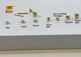 14K Solid Gold 6,8,10mm Post, Tiny Barbell ball, Screw ball back for piercing