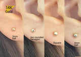 14K Solid Gold Piercing Single item 6 8 10 mm Post, Tiny Barbell ball Star Clover Hexagon Heart Square Screw back