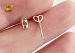 14K Solid Gold Heart Padlock / Heart Key 20G, 6mm Post