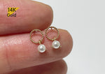 14K Solid Gold Little White Swarovski Pearl, Dangle Earrings, Tiny Earrings - TGE43002