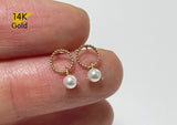 14K Solid Gold Little White Swarovski Pearl, Dangle Earrings, Tiny Earrings - TGE43002