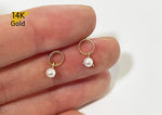 14K Solid Gold Little White Swarovski Pearl, Dangle Earrings, Tiny Earrings - TGE43002