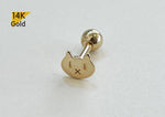 14K Solid Gold Cat End Barbell Piercing 18G, 3/16" 5mm Post Real Gold