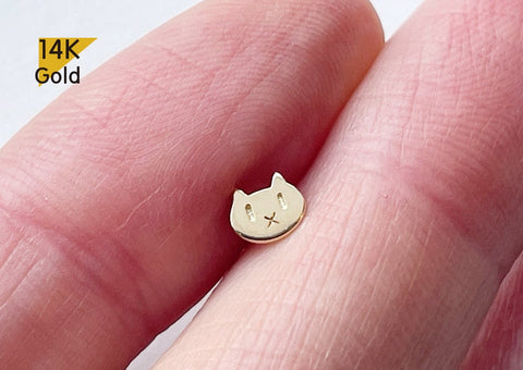 14K Solid Gold Cat End Barbell Piercing 18G, Fish Available Real Gold