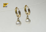 14K Solid Gold Swarovski Pearl Earrings, Hoop Rings