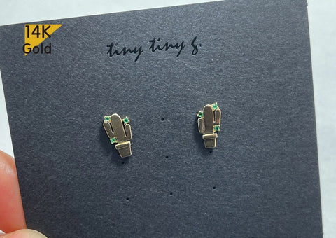 14K Solid Gold Cactus Stud Earrings, Green Cubic Zirconia Cactus Stud Earrings - TGE40029