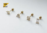 14K Solid Gold Marquise, Triangle, Rectangle, Square, Cubic Zirconia Ball Stud End Barbell Piercing, 20G