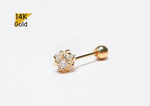 14K Solid Gold White CZ Ball End Barbell Piercing 22G, 6mm Post Real Gold - TGP4504