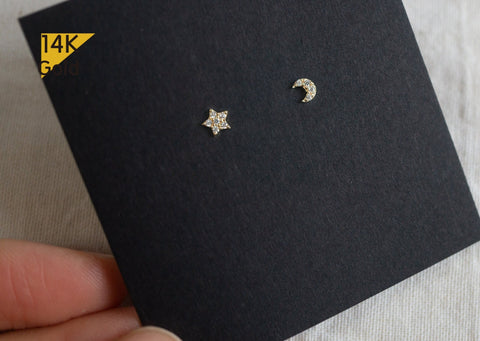 14K Solid Gold Stud Earrings, Cubic Zirconia Star Earrings, Cubic Zirconia Moon earrings - TGE40011