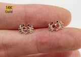 14K Solid Gold Tiny CZ Heart Crab Stud Earrings, Tiny Stud Yellow Gold Earrings - TGE40031