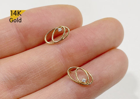 14K Solid Double Oval CZ Geometric Stud Earrings, Cubic Zirconia Earrings - TGE40023