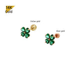 14K Solid Gold Clover Barbell Piercing, 22G, Creen CZ Cubic Zirconia 6mm Post