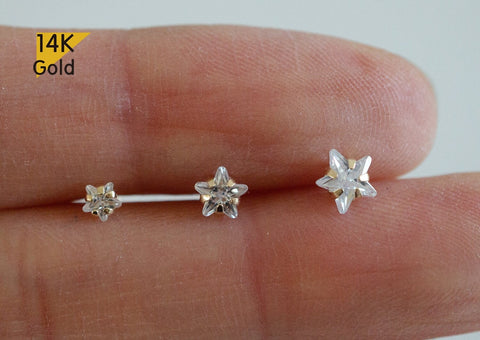 14K Solid Gold Star CZ 3,4,5mm Piercing 20G, 6mm Post - TGP5002