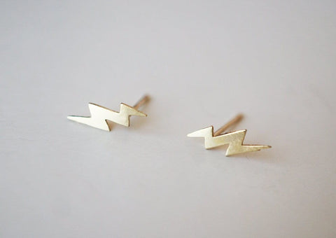 10K Solid Gold Double Lightning Bolt, Lightning Strike Stud Earrings