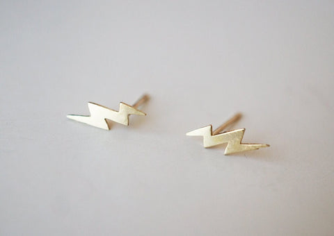 10K Solid Gold Double Lightning Bolt, Lightning Strike Stud Earrings