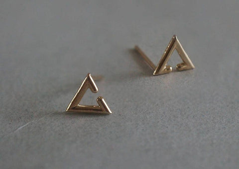 10K Solid Gold Stud Earrings Triangle Geometric Line Hollow Real Yellow Gold - TGE070