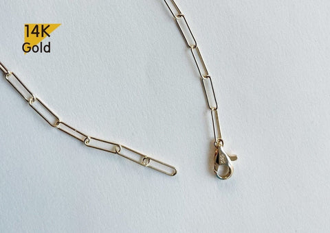 14K Solid Gold Thin Paperclip Necklace, Rectangle Chain, Paperclips Chain, Paperclip Link Chain Necklace