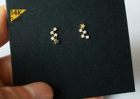 14K Gold Tiny Star CZ Stud Earrings W Cassiopeia Geometric Real Gold - TGE40019