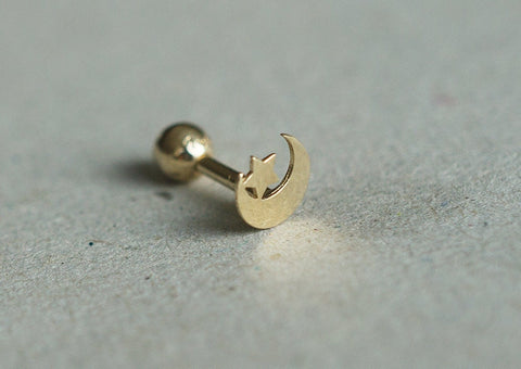 14K Solid Gold Tiny Convex Crescent Moon End Barbell Piercing 18G, 3/16" 5mm Post Real Gold - TGP4002