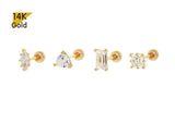 14K Solid Gold Marquise, Triangle, Rectangle, Square, Cubic Zirconia Ball Stud End Barbell Piercing, 22G