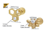 14K Solid Gold Cubic Zirconia Bee, Honeycomb Ball Stud End Barbell Piercing, 20G