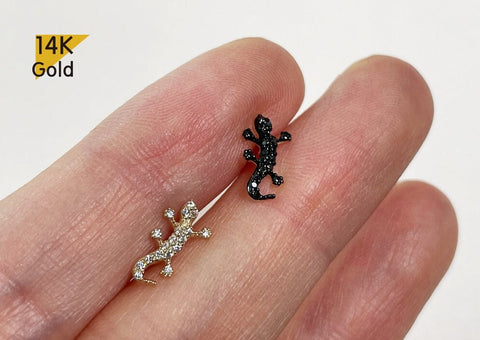 14K Solid Gold Black White CZ Salamander Cubic Zirconia Earring Barbell Piercing, 22G
