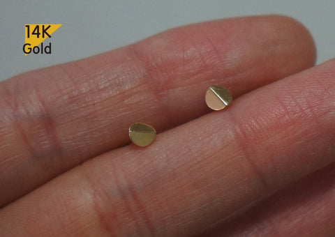 14K Solid Gold Tiny Folded Circle Stud Earrings, Geometric Studs, Thin Jewelry Simple Design. - TGE41011