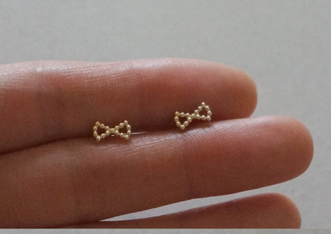 10K Gold Tiny Beaded Ribbon Stud Earrings Real Gold - TGE047