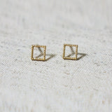 10K Solid Gold Tiny Line Patterned Square Stud Earrings Real Gold - TGE031