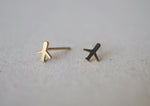 10K Solid Gold Tiny Airplane Stud Earrings, Plane Real Gold - TGE092