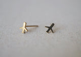 10K Solid Gold Tiny Airplane Stud Earrings, Plane Real Gold - TGE092