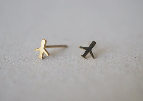 10K Solid Gold Tiny Airplane Stud Earrings, Plane Real Gold - TGE092