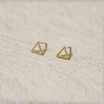 10K Solid Gold Tiny Line Patterned Triangle Stud Earrings Real Gold - TGE030