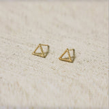 10K Solid Gold Tiny Line Patterned Triangle Stud Earrings Real Gold - TGE030