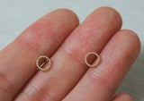 10K Solid Gold Tiny Line Patterned Circle Stud Earrings Real Gold - TGE029