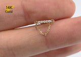 14K Solid Gold Tiny 5 CZ Bar Shaped End Barbell Piercing With Dangling Chain, 23G