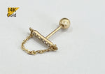 14K Solid Gold Tiny 5 CZ Bar Shaped End Barbell Piercing With Dangling Chain, 23G