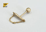 14K Solid Gold Tiny 5 CZ Bar Shaped End Barbell Piercing With Dangling Chain, 23G