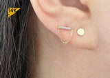 14K Solid Gold Tiny 5 CZ Bar Shaped End Barbell Piercing With Dangling Chain, 23G