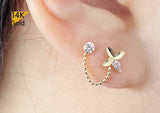 14K Solid Gold Flower and 3mm Cubic Zirconia Chain Stud Earring - TGE43007