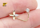 14K Solid Gold Flower and 3mm Cubic Zirconia Chain Stud Earring - TGE43007