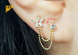 14K Solid Gold Double Chain Stud Earring Flower and 3mm CZ - TGE43004