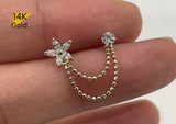 14K Solid Gold Double Chain Stud Earring Flower and 3mm CZ - TGE43004