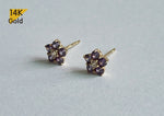 14K Solid Gold Stud Violet Lavender Purple Flower Earrings, Cubic Zirconia Flower Earrings