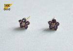 14K Solid Gold Stud Violet Lavender Purple Flower Earrings, Cubic Zirconia Flower Earrings