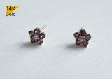 14K Solid Gold Stud Violet Lavender Purple Flower Earrings, Cubic Zirconia Flower Earrings